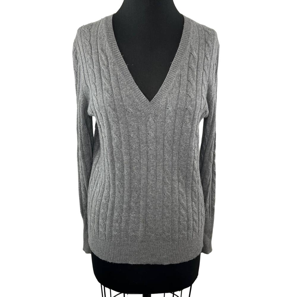 J. Crew Gray Cable Long Sleeve VNeck Wool Angora Blend Pullover Sweater Large L